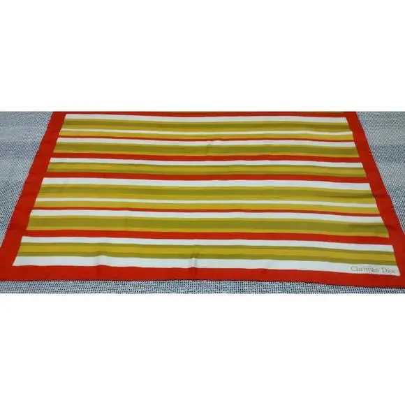 Vintage Dior Silk Scarf Striped Avocado Paris 1960s Designer Mid Century Mod 60s - Picture 7 of 16